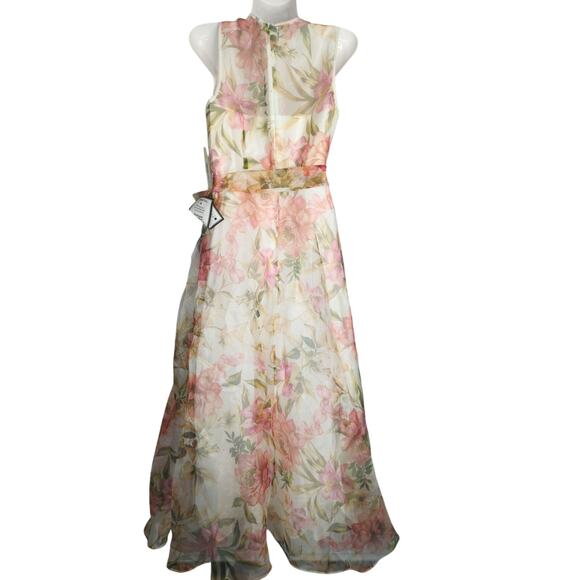 Eliza‎ J. Ivory Multi Floral Illusion Neck Belted Evening Dress Womens 6P NWT - Picture 10 of 16